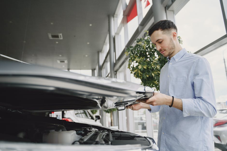 Young man checking car engine in modern dealership showroom